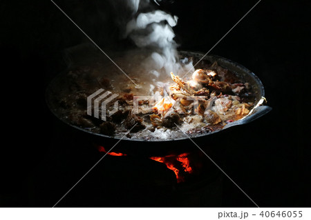 entrails chicken soup boil on large frying pan entrails chicken soup boil on large frying pan 40646055