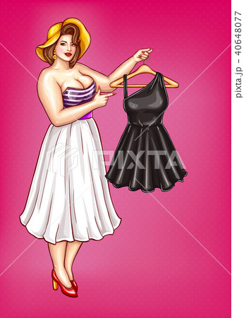 Vector pop art fat woman holds hanger with dress 40648077