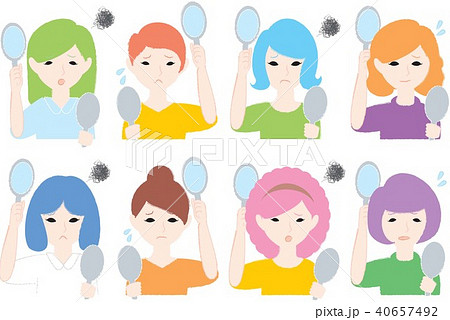 合わせ鏡で後頭部を見ながら悩む女性達のイラスト素材