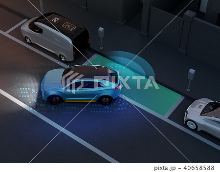 夜間自動駐車運転支援システムで縦列駐車しているSUV。 夜間自動駐車運転支援システムで縦列駐車しているSUV。 40658588