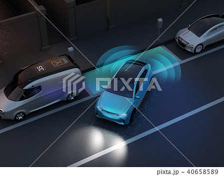 夜間自動駐車運転支援システムで縦列駐車しているsuv のイラスト素材