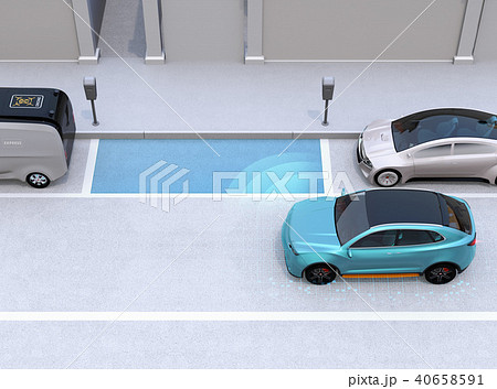 駐車スペースを確認し、自動駐車を行っている青色SUV.自動駐車システムのコンセプト 駐車スペースを確認し、自動駐車を行っている青色SUV.自動駐車システムのコンセプト 40658591