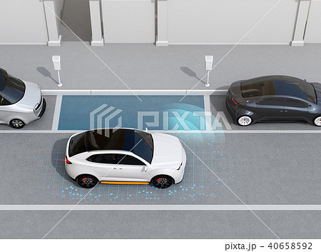 駐車スペースを確認し、自動駐車を行っているSUV.左側通行（右ハンドル）向けの自動駐車コンセプト 40658592