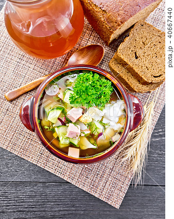 Okroshka in clay bowl on board top Okroshka in clay bowl on board top 40667440