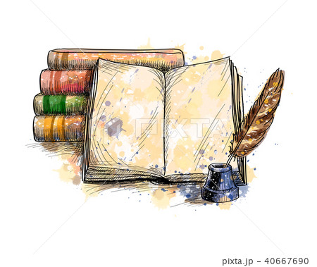 Stack of books, open book and quill pen 40667690