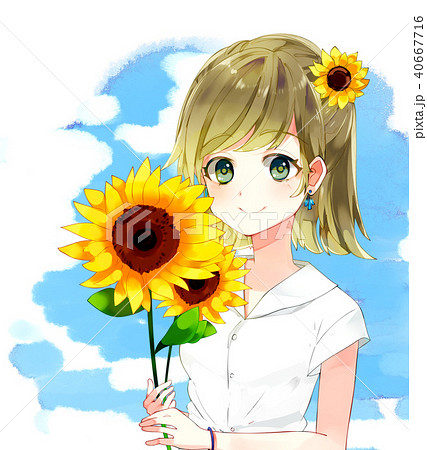 白いワンピースを着て向日葵を持つ少女のイラスト素材