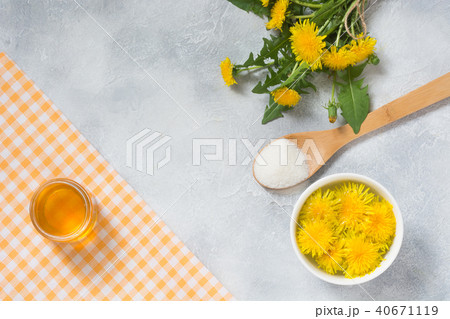 Ingredients for jam from yellow dandelions. Ingredients for jam from yellow dandelions. 40671119