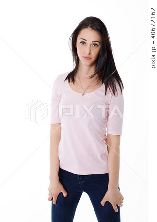 beautiful brunette woman in pink t-shirt 40672162