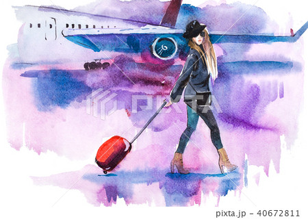 Woman traveler with luggage going to plane. Girl tourist passager walking in to airplane at airport Woman traveler with luggage going to plane. Girl tourist passager walking in to airplane at airport 40672811