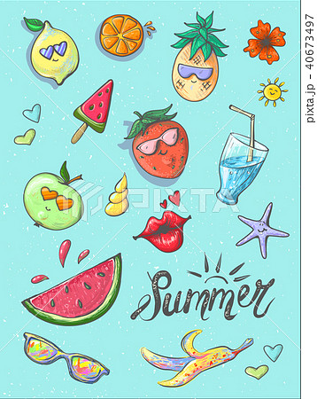 Set of summer fashion patches, fun stickers, cute badges vector in cartoon style Set of summer fashion patches, fun stickers, cute badges vector in cartoon style 40673497