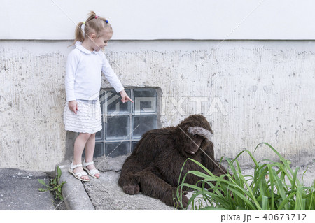 Girl points to a toy monkey 40673712