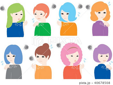 肩にフケが付いている事に気づいて悩む後ろ姿の女性達 肩にフケが付いている事に気づいて悩む後ろ姿の女性達 40678508