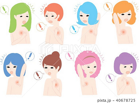 背中の虫刺されや吹き出物に気づいて驚いてる裸の女性達 背中の虫刺されや吹き出物に気づいて驚いてる裸の女性達 40678725