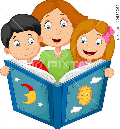 Cartoon mother reading with his children 40682269