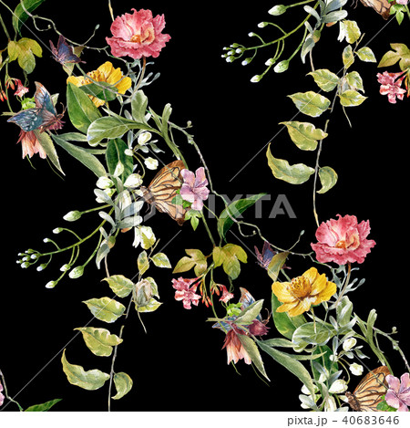 Watercolor painting of leaf and flowers, seamless Watercolor painting of leaf and flowers, seamless 40683646