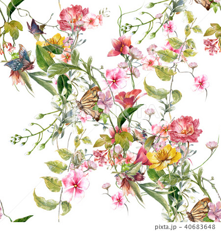 Watercolor painting of leaf and flowers, seamless Watercolor painting of leaf and flowers, seamless 40683648