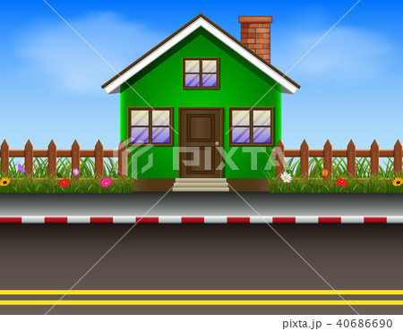 Green house with wooden fence and road Green house with wooden fence and road 40686690