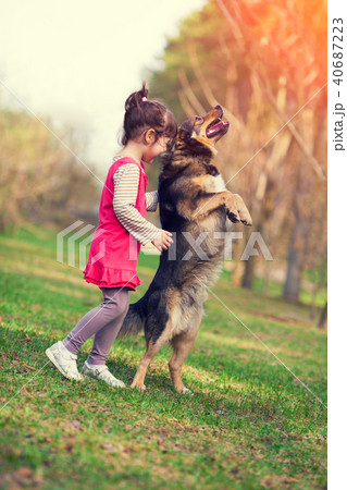 Little girl schooling dog outdoor 40687223