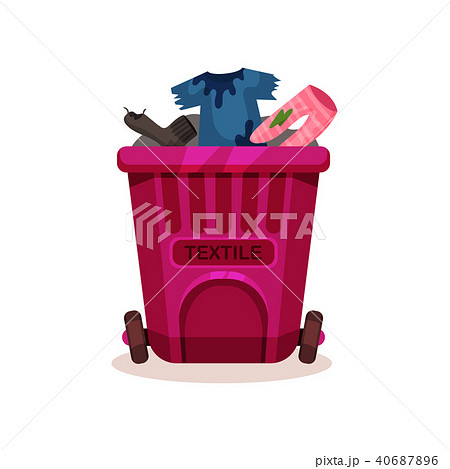 Pink plastic container with textile waste, dirty and ragged clothes. Garbage bin with two wheels Pink plastic container with textile waste, dirty and ragged clothes. Garbage bin with two wheels 40687896