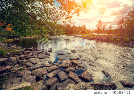 Mountain valley with the river in evening 40688411