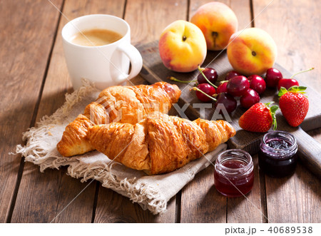 breakfast with croissants, coffee and fresh fruits breakfast with croissants, coffee and fresh fruits 40689538