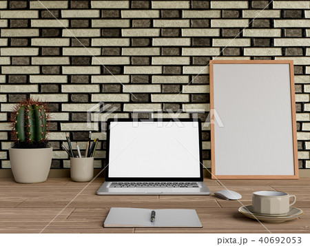 Mock up poster on table with laptop and coffee. Mock up poster on table with laptop and coffee. 40692053