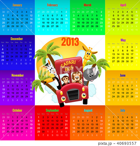 colorful calendar 2013 with animals riding red bus colorful calendar 2013 with animals riding red bus 40693557