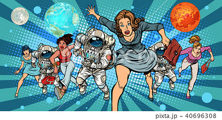 women and astronauts running into the future in space 40696308