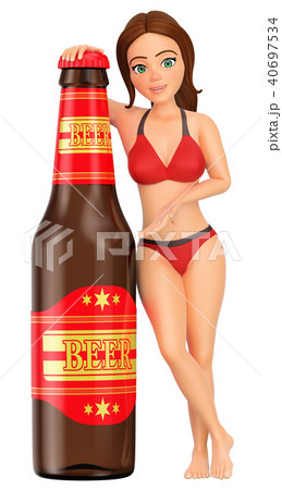 3D Woman in bikini with a huge bottle of beer 40697534