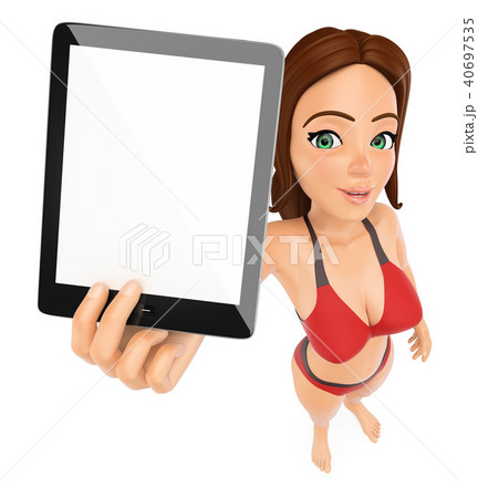 3D Woman in bikini with a tablet. Blank screen 40697535
