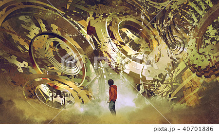 boy looking at broken golden gears boy looking at broken golden gears 40701886
