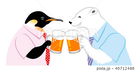 ビールで乾杯する会社員のシロクマとペンギンのイラスト素材