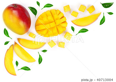 Mango fruit and slices decorated with leaves isolated on white background with copy space for your Mango fruit and slices decorated with leaves isolated on white background with copy space for your 40713004
