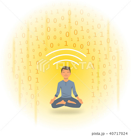 Digital detox and meditation. Meditating man protected from shower of information. Flat vector 40717024