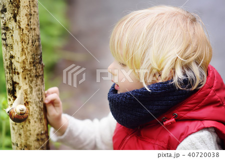 Little boy looking on big snail during hike in forest Little boy looking on big snail during hike in forest 40720038