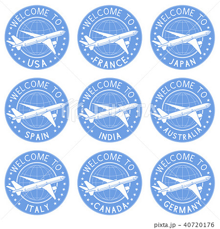 Blue tourist stamps. Welcome signs with airplane 40720176