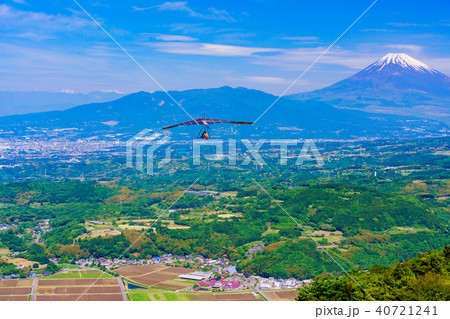 （静岡県）丹那盆地上空を飛ぶハンググライダーと富士山 40721241