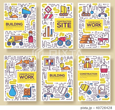 Thin line people at road works brochure cards set 40726428