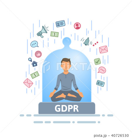 GDPR security. Meditating man feeling safe from information stream inside of glass dome. Flat vector 40726530