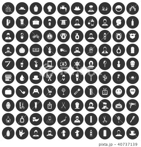 100 Barber Icons Set Black Circleのイラスト素材