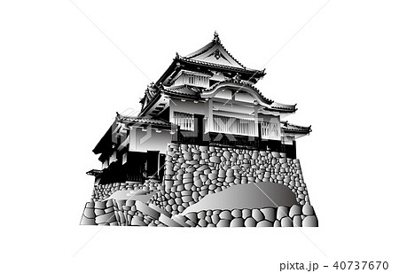 日本の城現存天守備中松山城白黒のイラスト素材