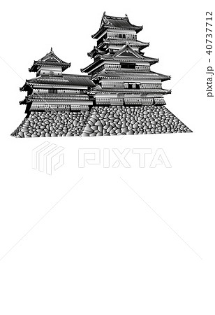 日本の城現存天守松本城白黒のイラスト素材