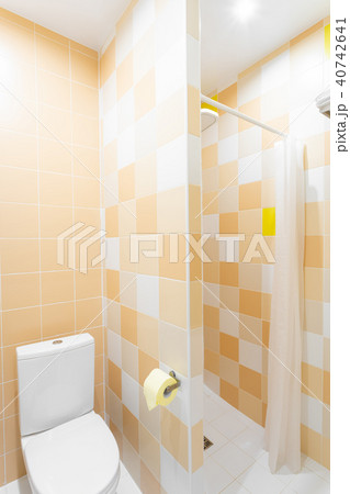 Bathroom with shower, toilet bowl and sink. Hotel standart bedroom. simple and stylish interior 40742641