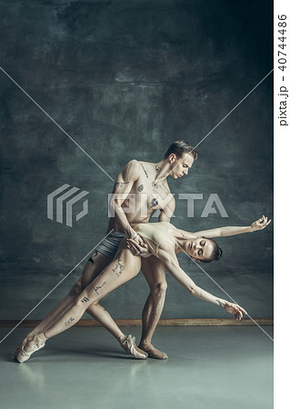 The young modern ballet dancers posing on gray studio background The young modern ballet dancers posing on gray studio background 40744486