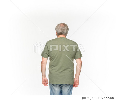 Closeup of senior man's body in empty green t-shirt isolated on white background. Mock up for disign 40745566