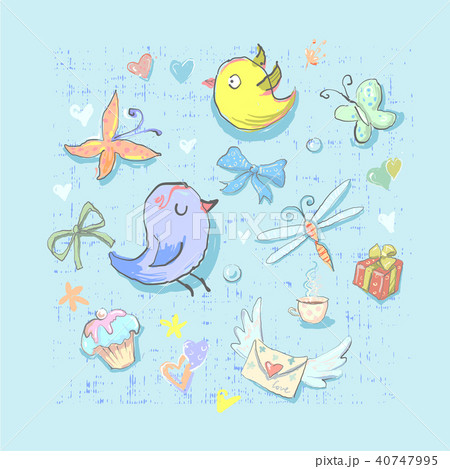 Collection Set of Cute Birthday Party Themed Birds and different elements hand drawn directly in Collection Set of Cute Birthday Party Themed Birds and different elements hand drawn directly in 40747995