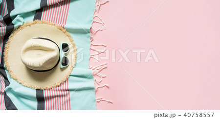 Female outfit for beach on pink. Female outfit for beach on pink. 40758557
