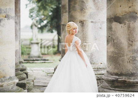 Beautiful elegant bride with perfect wedding dress and bouquet posing near old castle 40759624