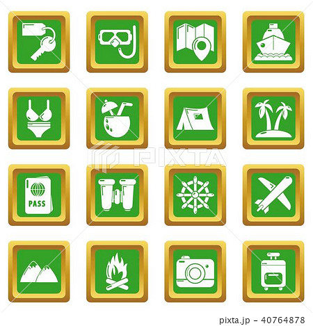 Travel summer icons set green square vector 40764878