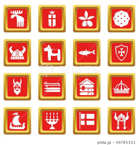 Sweden travel icons set red square vector Sweden travel icons set red square vector 40765331